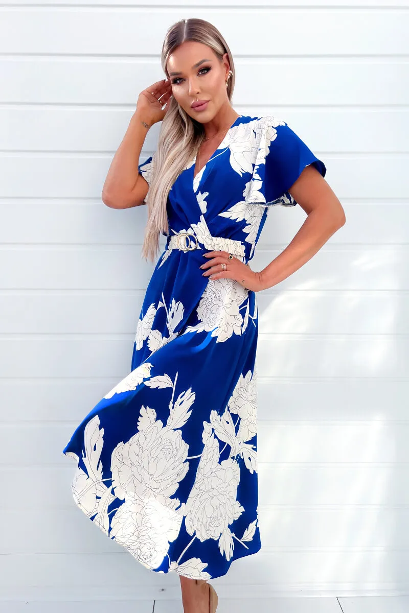 Blue And Cream Floral Printed Short Sleeve Belted Midi Dress sold by AX Paris product image thumbnail 3