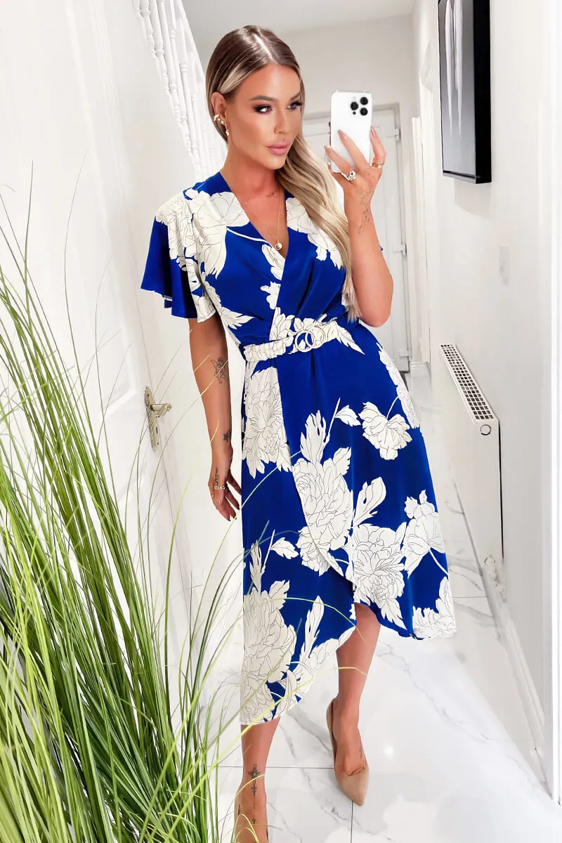 Blue And Cream Floral Printed Short Sleeve Belted Midi Dress sold by AX Paris