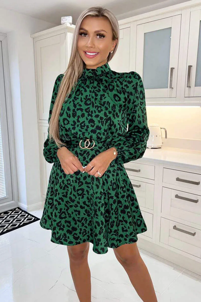 Green And Black Animal Print High Neck Belted Mini Skater Dress sold by AX Paris product image thumbnail 2