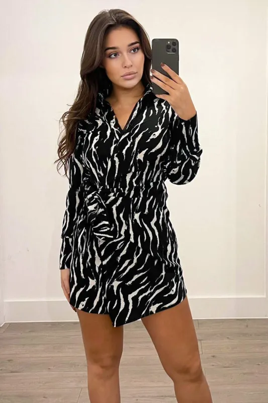 Black and White Printed Tie Wrap Long Sleeve Dress sold by AX Paris
