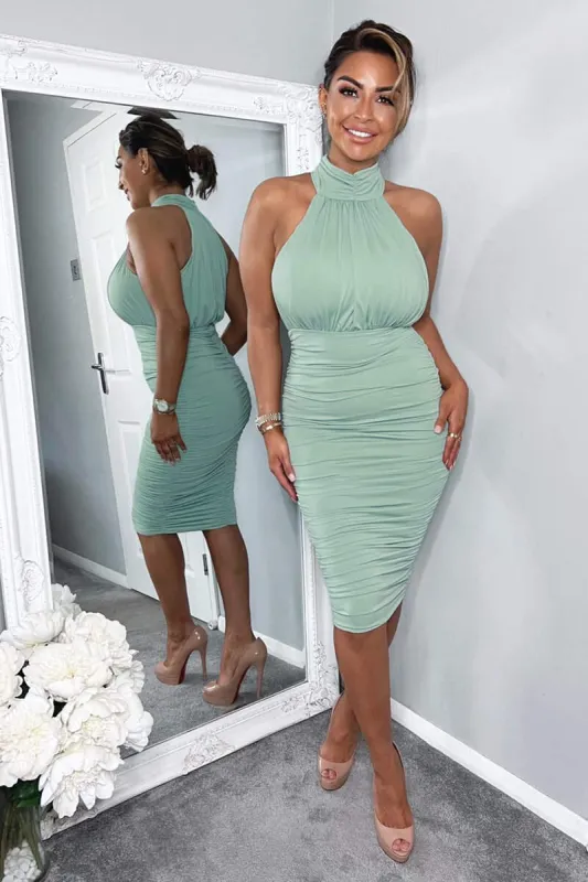 Duck Egg Ruched High Neck Midi Dress sold by AX Paris