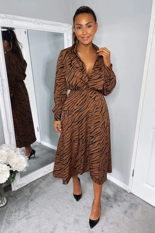 Brown Animal Print Button Up Midi Dress sold by AX Paris