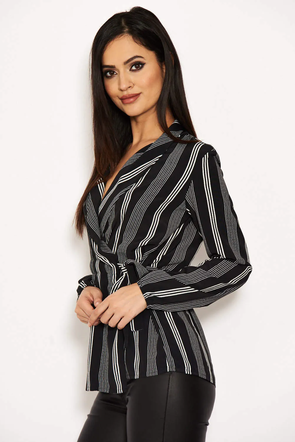 Black Striped Tie Waist Wrap Top sold by AX Paris product image thumbnail 4