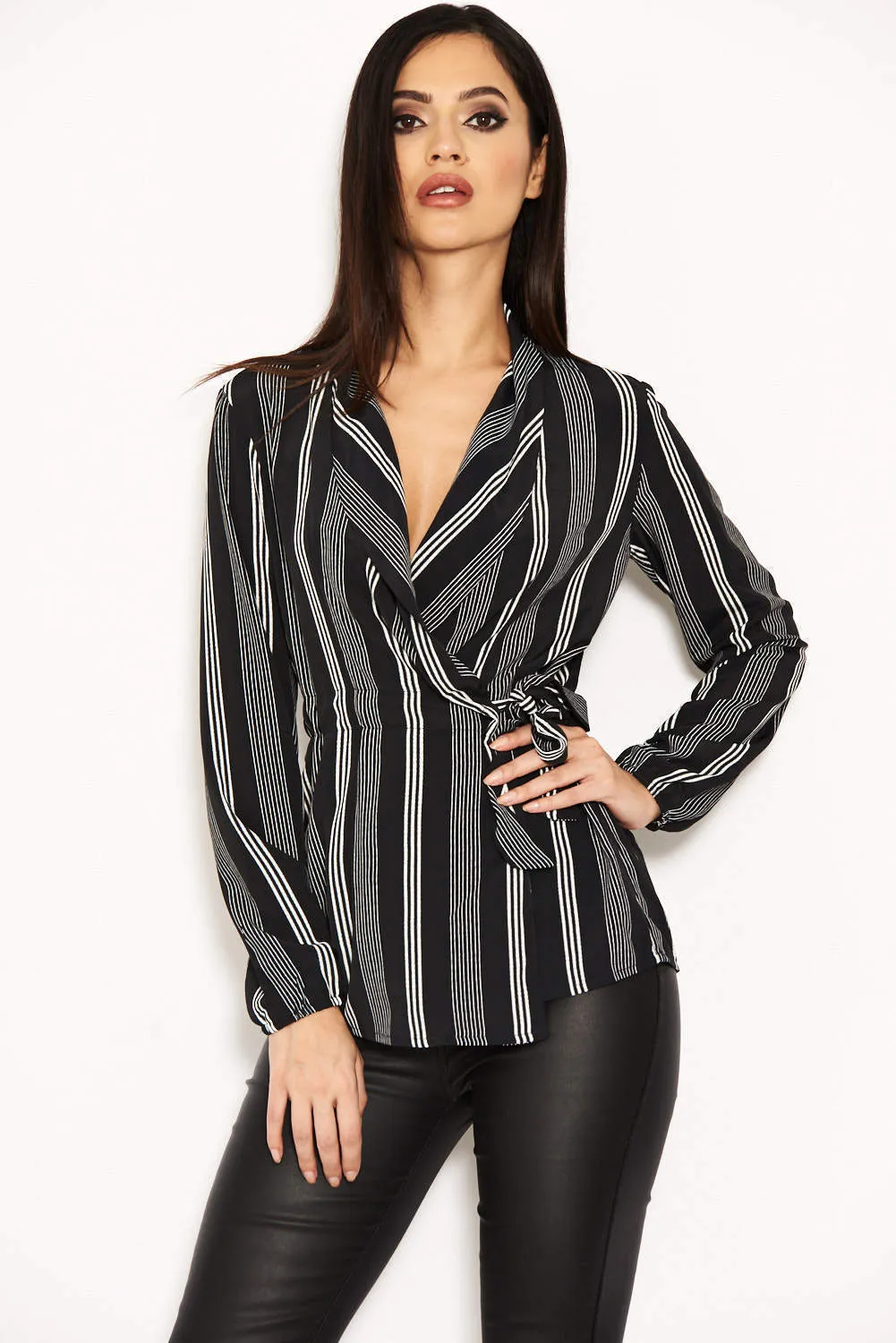 Black Striped Tie Waist Wrap Top sold by AX Paris