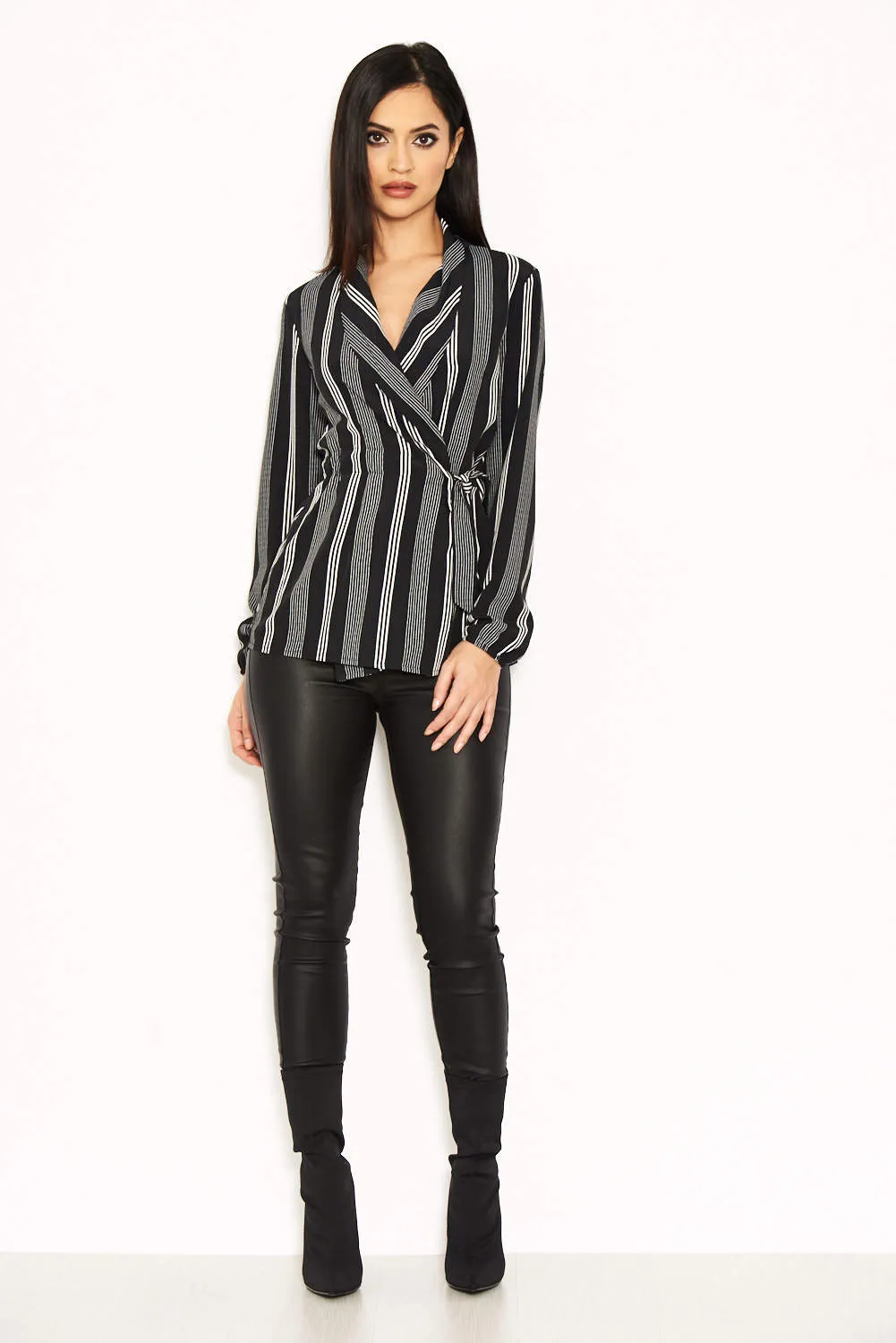 Black Striped Tie Waist Wrap Top sold by AX Paris product image thumbnail 2