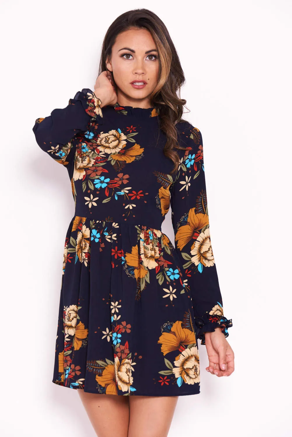 Navy Floral Long Sleeved Frill Detail Dress sold by AX Paris product image thumbnail 4