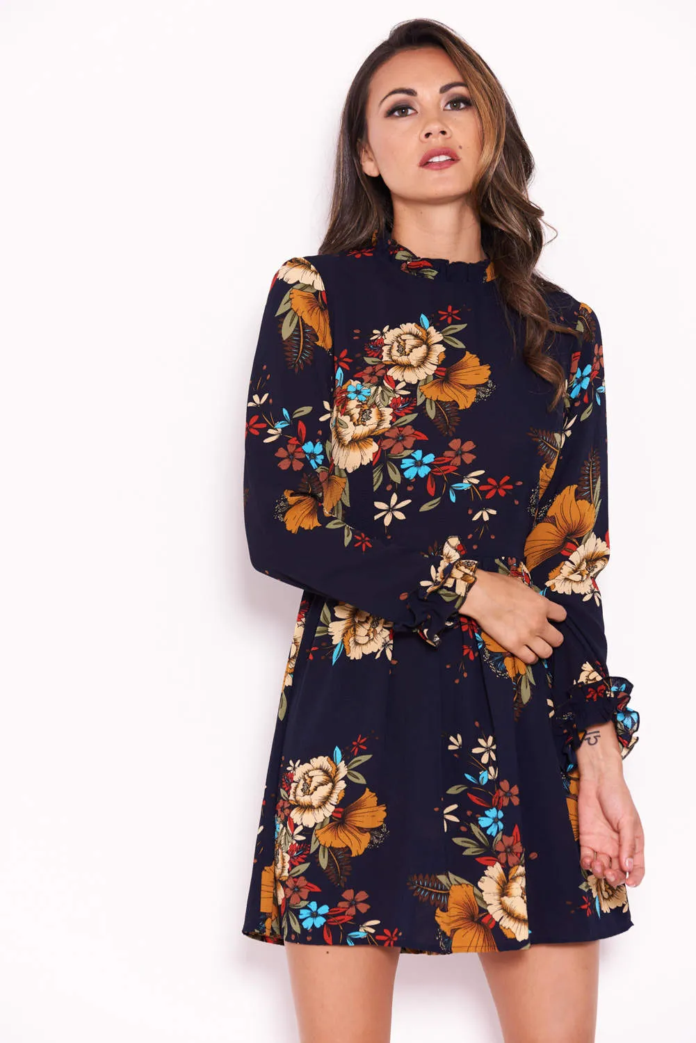 Navy Floral Long Sleeved Frill Detail Dress sold by AX Paris