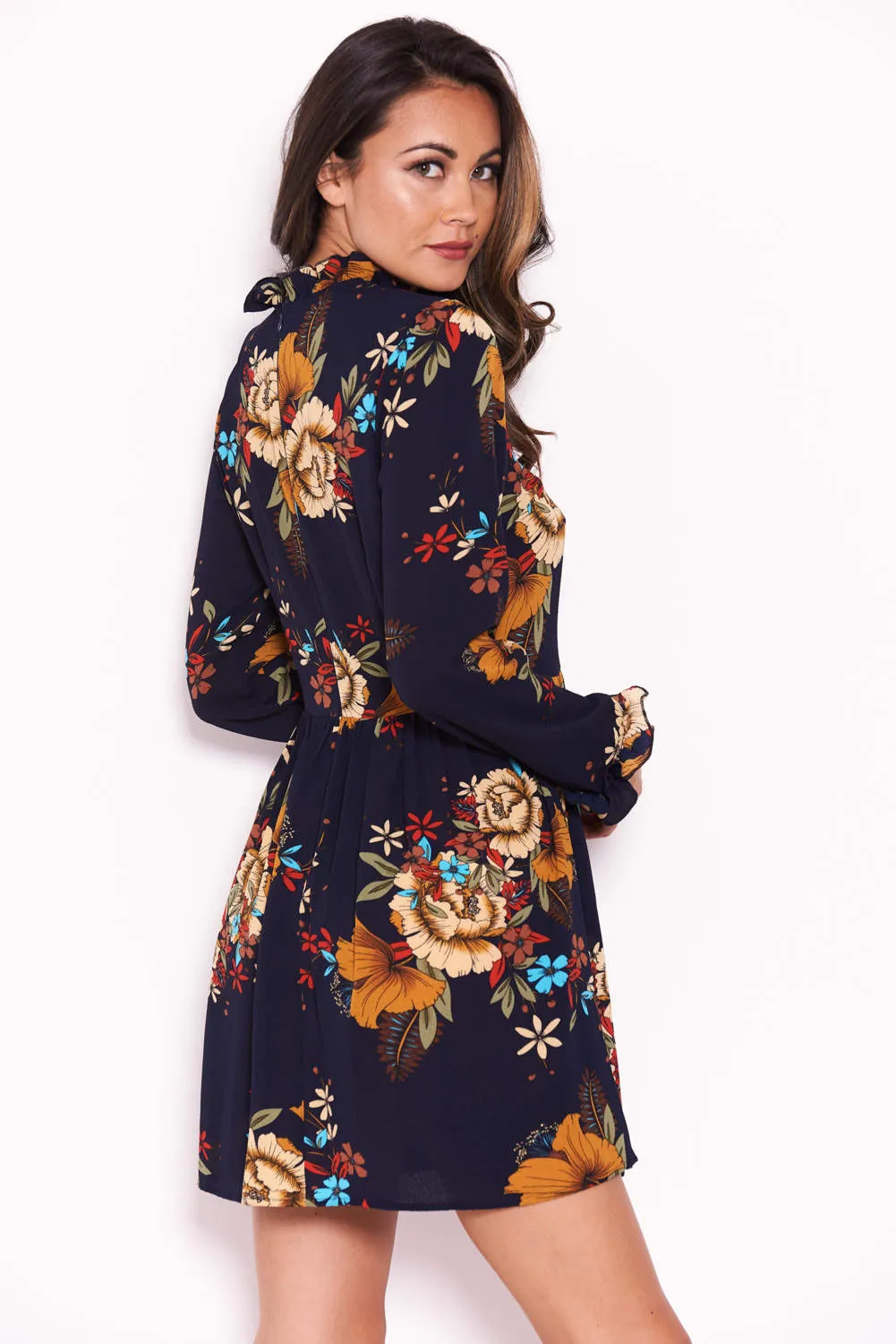 Navy Floral Long Sleeved Frill Detail Dress sold by AX Paris product image thumbnail 3