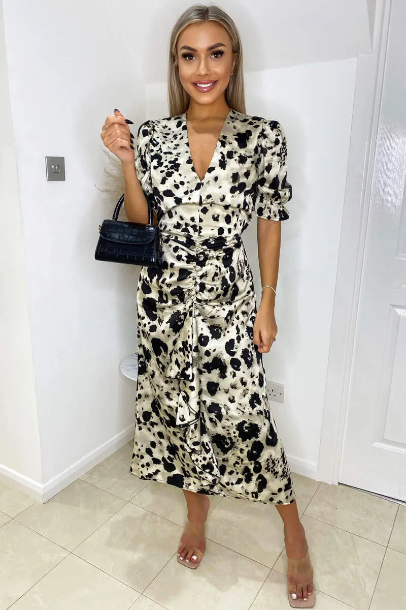 Black and Stone Printed Frill Front Midi Dress sold by AX Paris