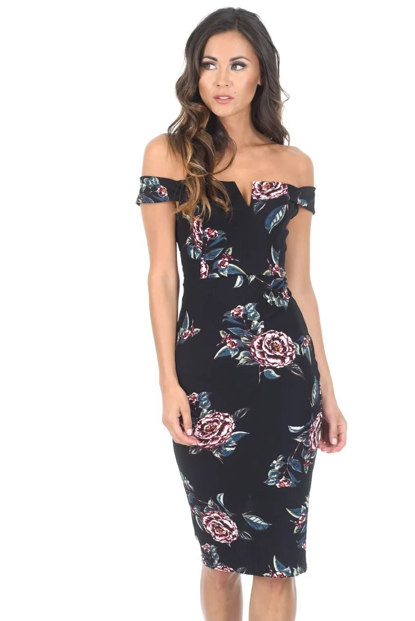 Black Floral Off The Shoulder Midi Dress sold by AX Paris