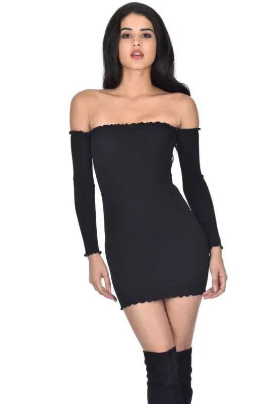 Black Bardot Ruffle Detail Knit Dress sold by AX Paris