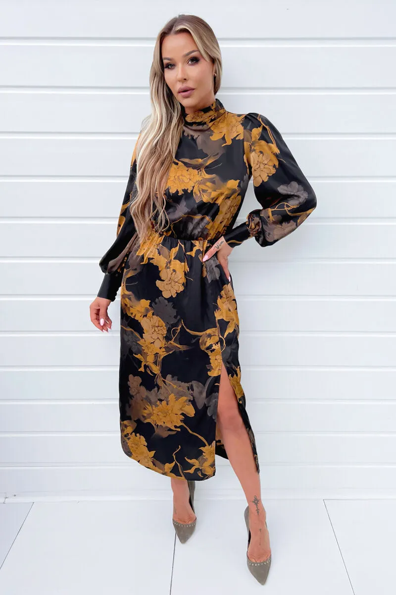 Black Floral Print High Neck Long Sleeve Midi Dress sold by AX Paris product image thumbnail 2