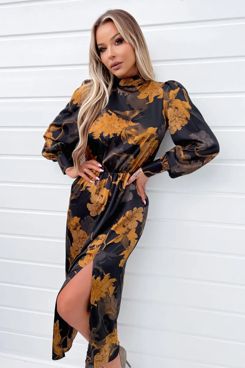 Black Floral Print High Neck Long Sleeve Midi Dress sold by AX Paris product image thumbnail 3