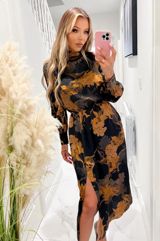 Black Floral Print High Neck Long Sleeve Midi Dress sold by AX Paris
