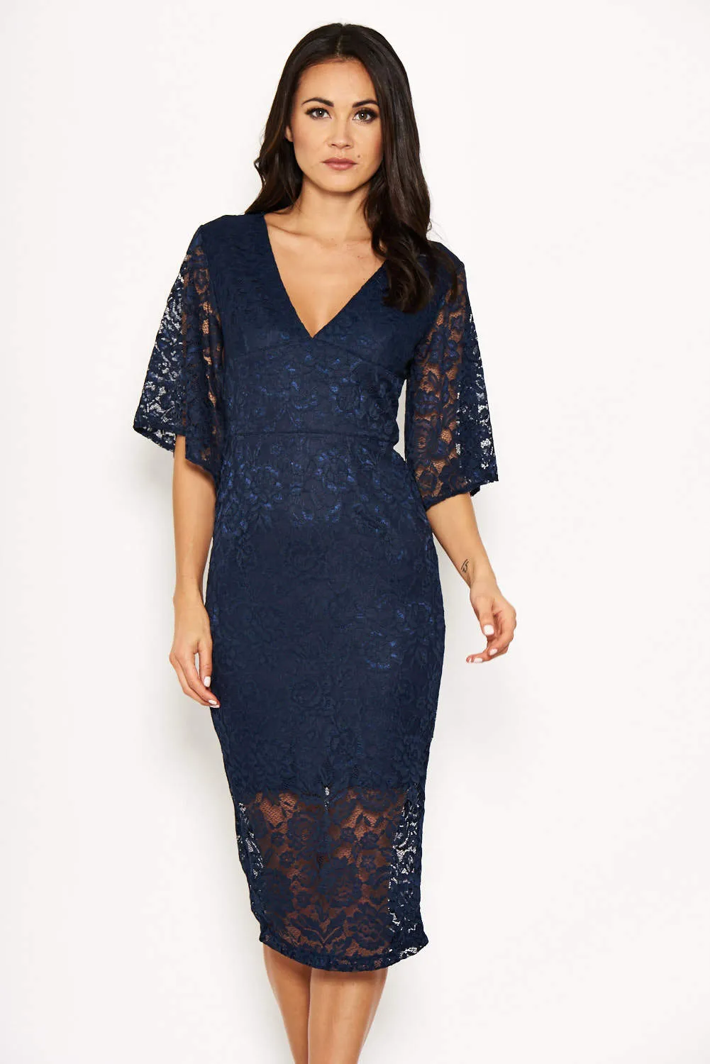 Navy Bell Sleeve Lace Dress sold by AX Paris