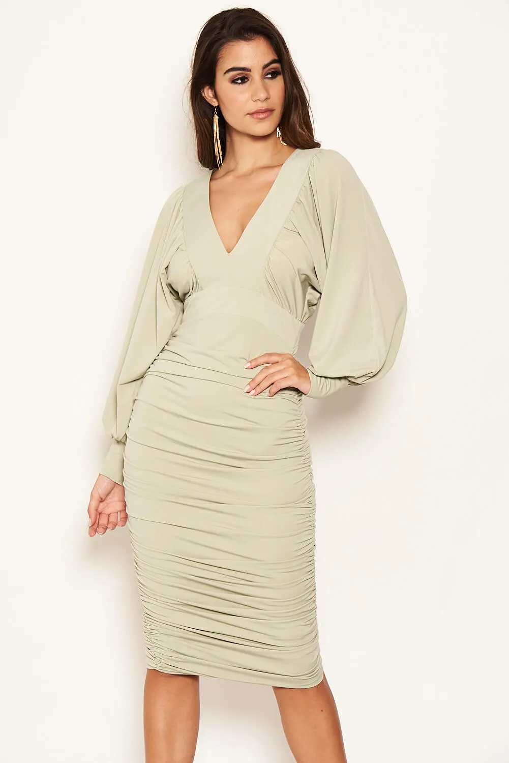 Sage Flared Sleeve V Neck Ruched Midi Dress sold by AX Paris product image thumbnail 3