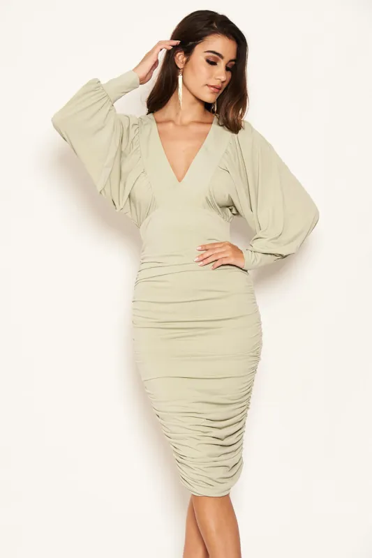 Sage Flared Sleeve V Neck Ruched Midi Dress sold by AX Paris
