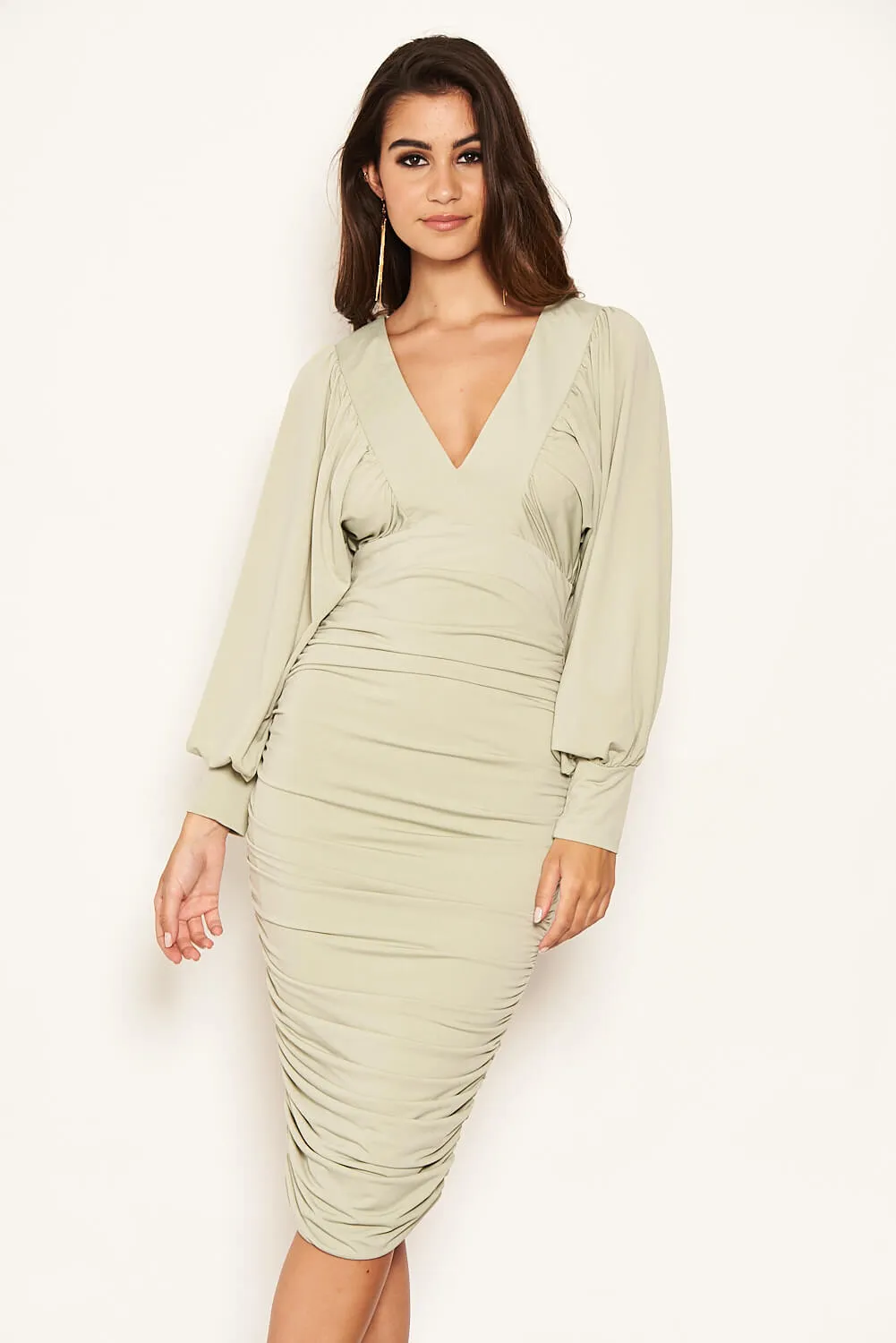Sage Flared Sleeve V Neck Ruched Midi Dress sold by AX Paris product image thumbnail 5