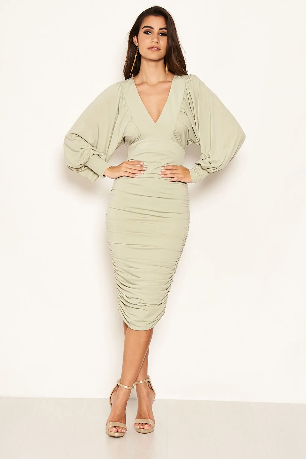 Sage Flared Sleeve V Neck Ruched Midi Dress sold by AX Paris product image thumbnail 2