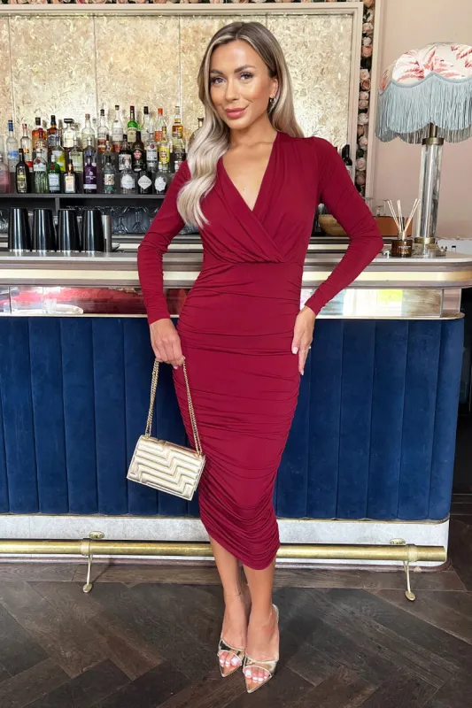 Wine Wrap Top Long Sleeve Ruched Bodycon Midi Dress sold by AX Paris
