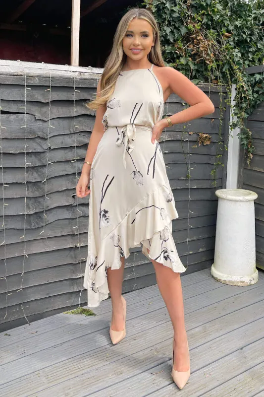 Stone Floral Printed Frill Hem Midi Dress sold by AX Paris