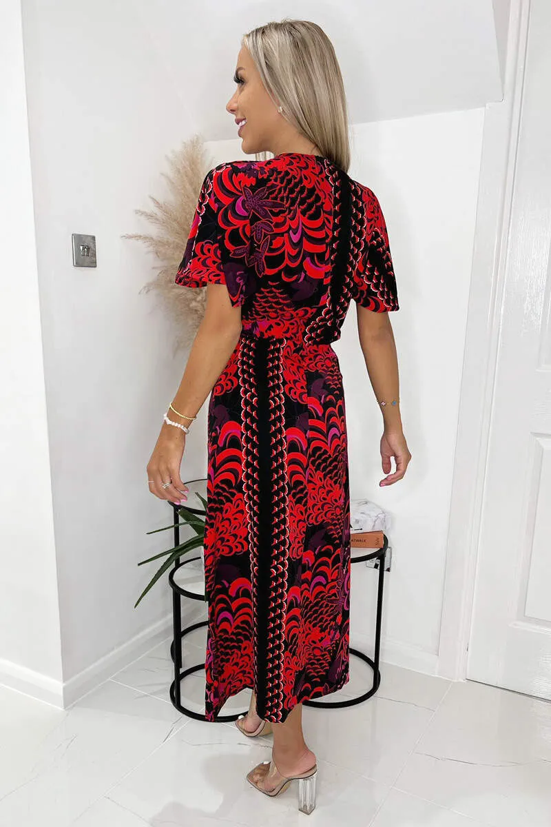Black And Pink Printed Bell Sleeve Ruched Midi Dress sold by AX Paris product image thumbnail 4
