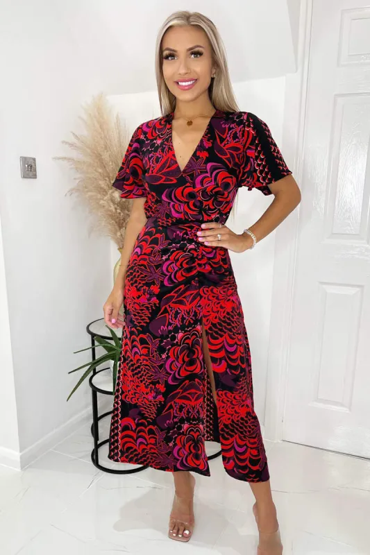 Black And Pink Printed Bell Sleeve Ruched Midi Dress sold by AX Paris