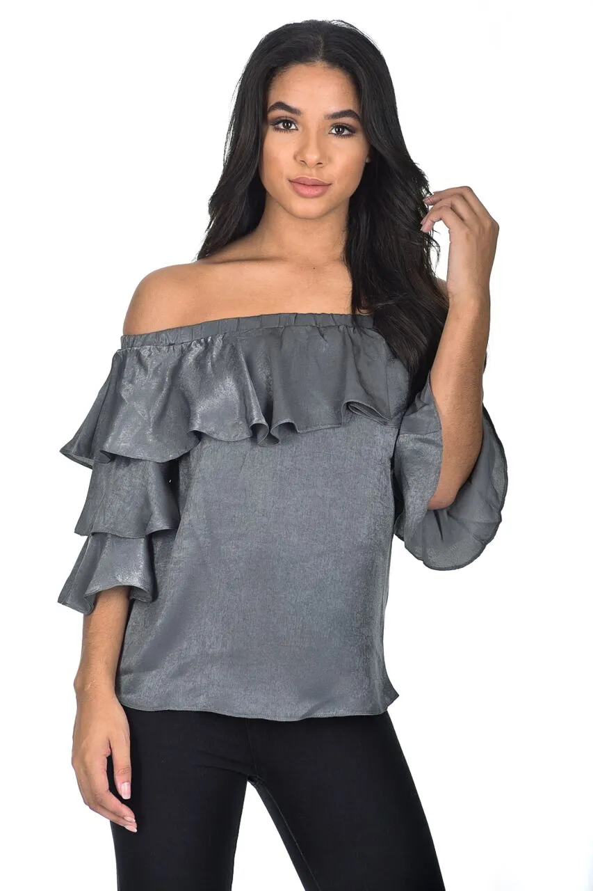 Grey Off The Shoulder Frill Top sold by AX Paris