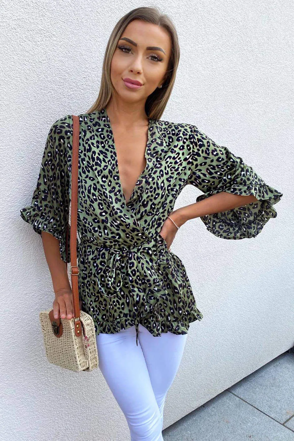 Khaki Printed Wrap Top sold by AX Paris