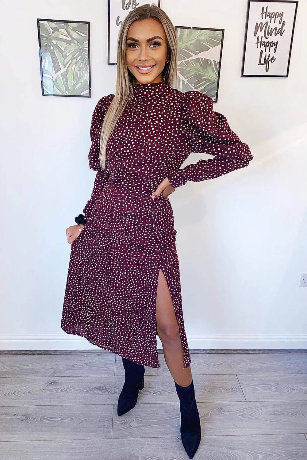 Plum Spotty High Neck Midi Dress sold by AX Paris