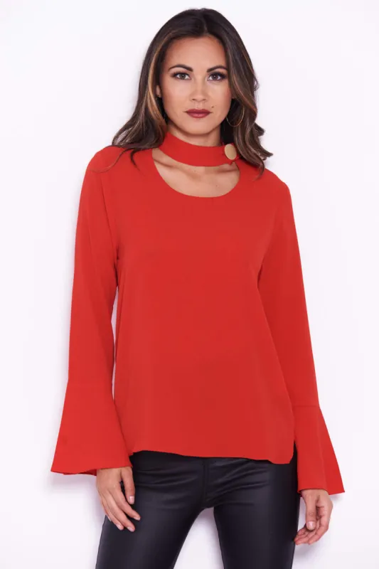 Red Choker Top With Ruffle Sleeves sold by AX Paris