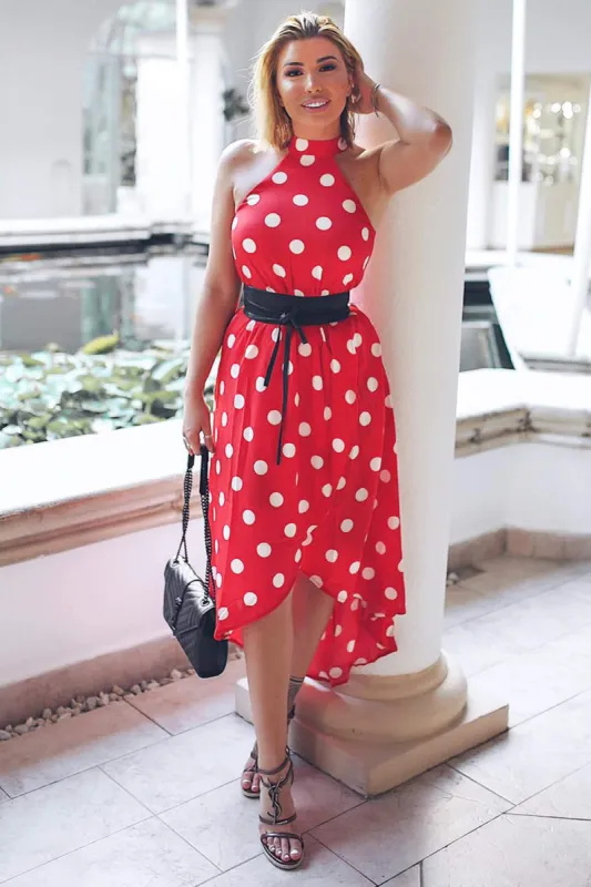 Red Polka Dot High Neck Wrap Dress sold by AX Paris