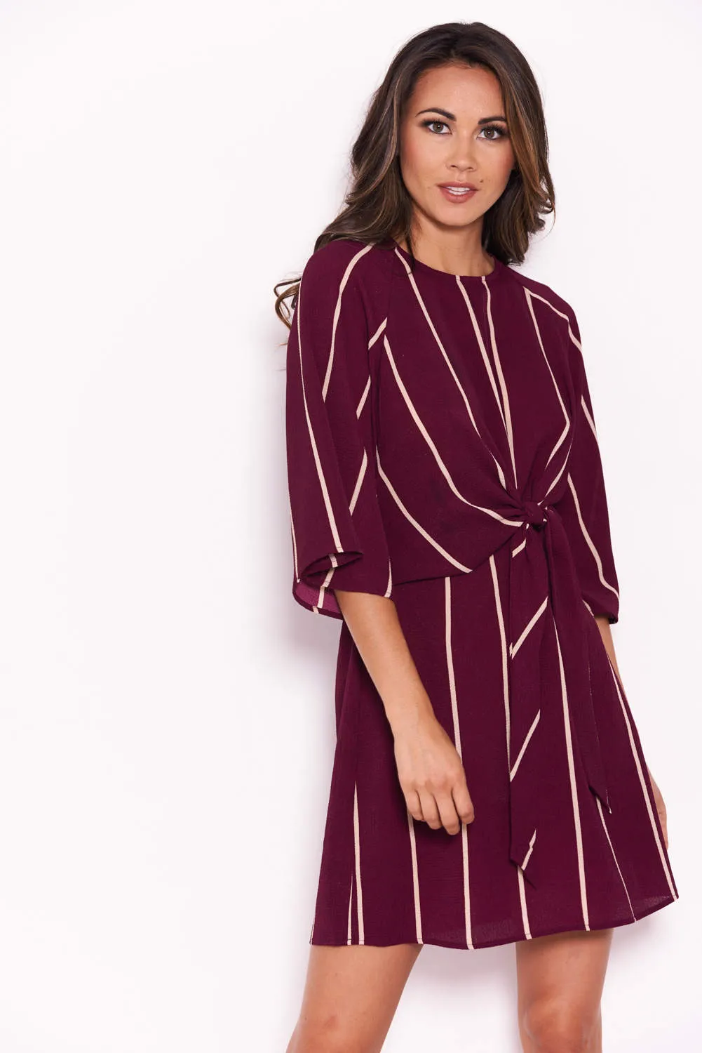 Plum Striped Tie Waist Mini Dress sold by AX Paris