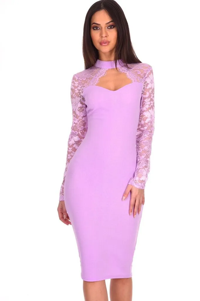 Lilac Choker Neck Lace Sleeve Midi Dress sold by AX Paris