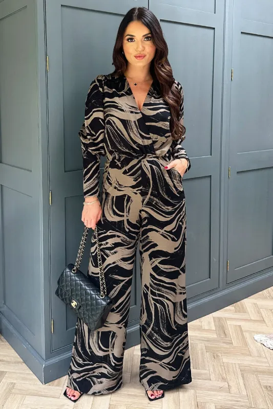 Black and Khaki Print Wrap Top Jumpsuit sold by AX Paris