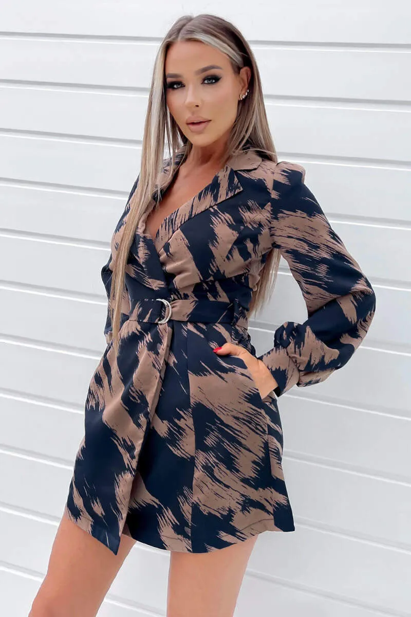 Brown and Navy Printed Long Sleeve Wrap Mini Dress sold by AX Paris product image thumbnail 3
