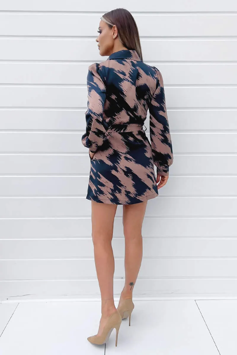 Brown and Navy Printed Long Sleeve Wrap Mini Dress sold by AX Paris product image thumbnail 4