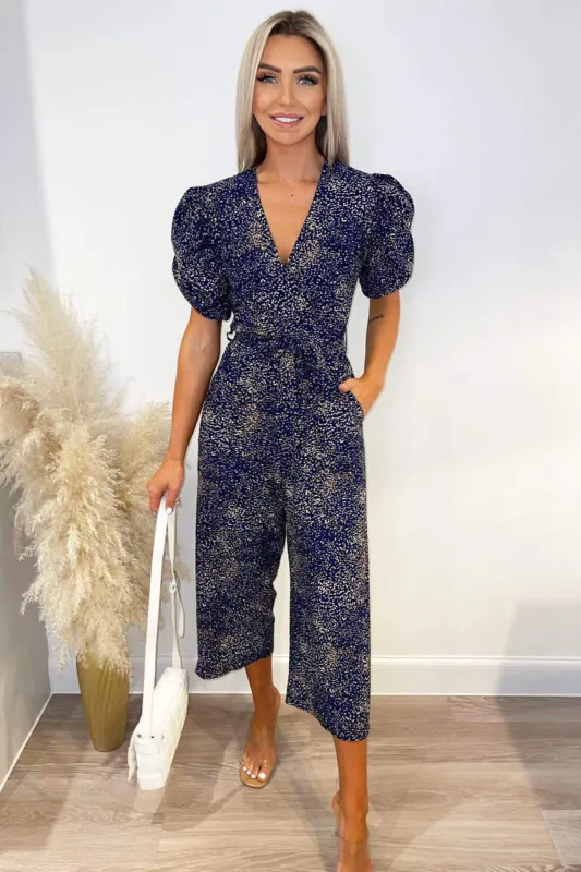 Navy Printed Puff Wrap Over Jumpsuit sold by AX Paris