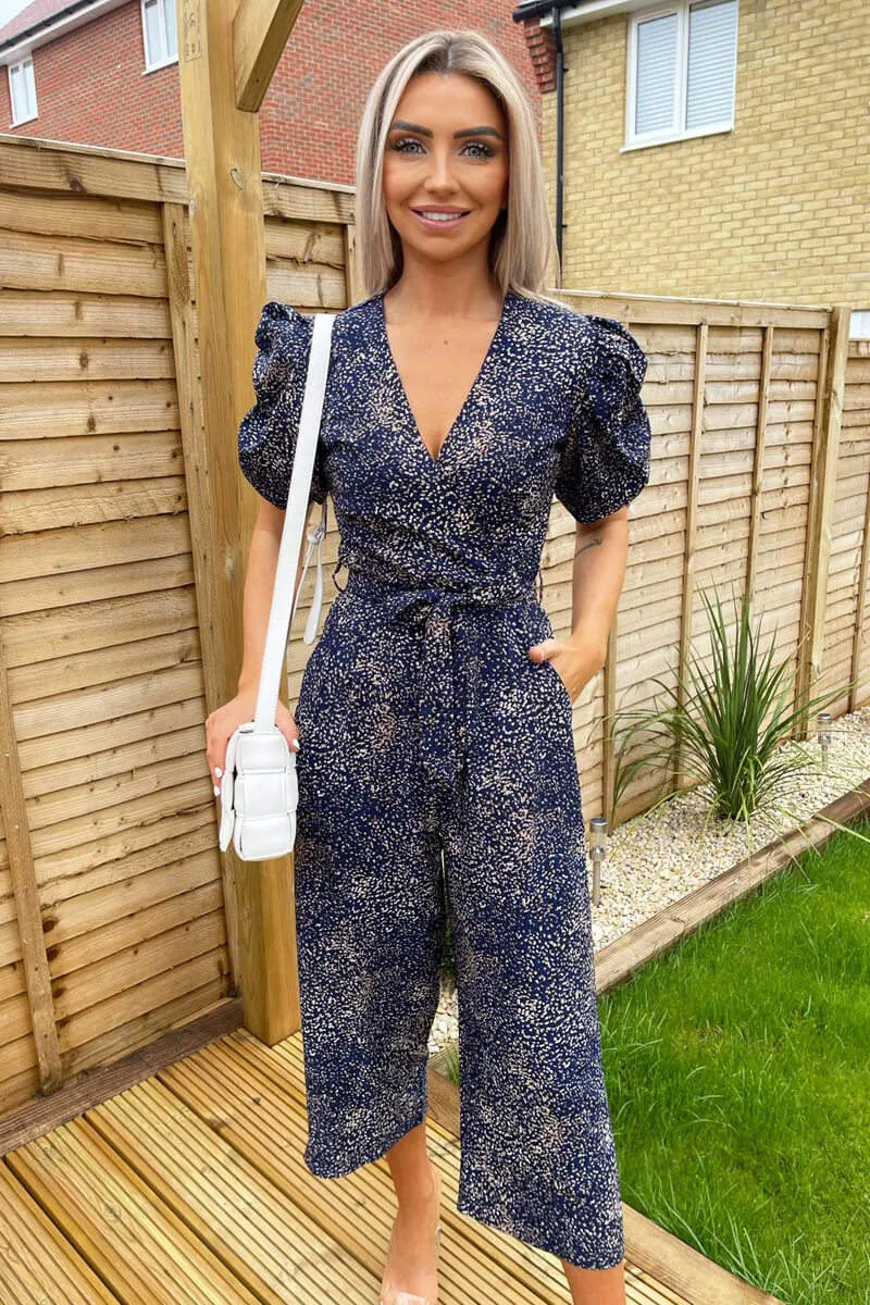 Navy Printed Puff Wrap Over Jumpsuit sold by AX Paris product image thumbnail 2