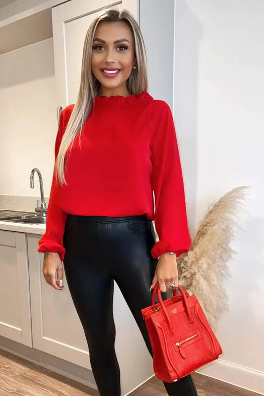 Red Ruffle High Neck Long Sleeve Top sold by AX Paris