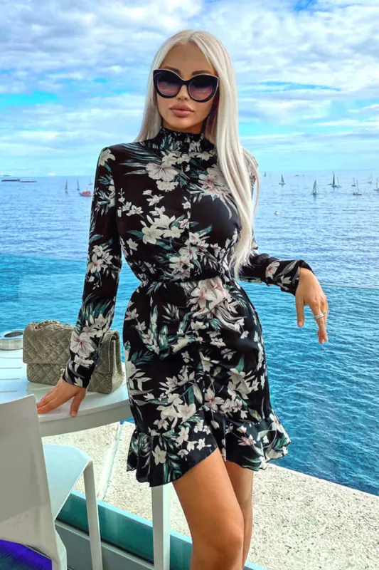 Black Floral Frill Shirt Dress sold by AX Paris