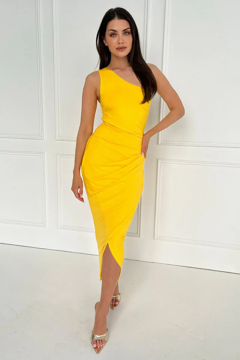 Yellow One Shoulder Wrap Draped Midi Dress sold by AX Paris