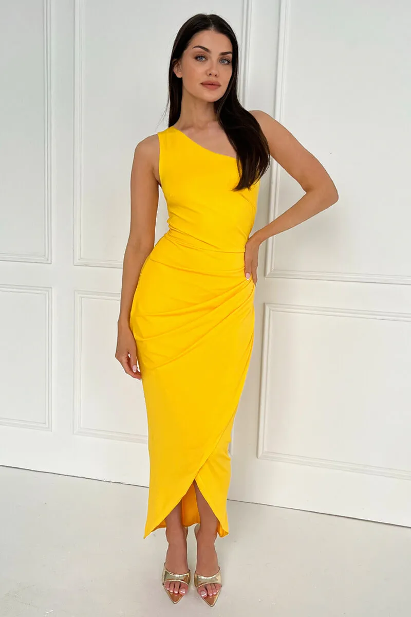 Yellow One Shoulder Wrap Draped Midi Dress sold by AX Paris product image thumbnail 3