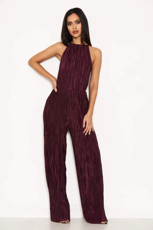 Plum Pleated High Neck Jumpsuit sold by AX Paris
