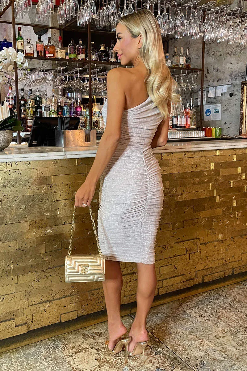 Champagne Sparkly One Shoulder Ruched Midi Dress sold by AX Paris product image thumbnail 5