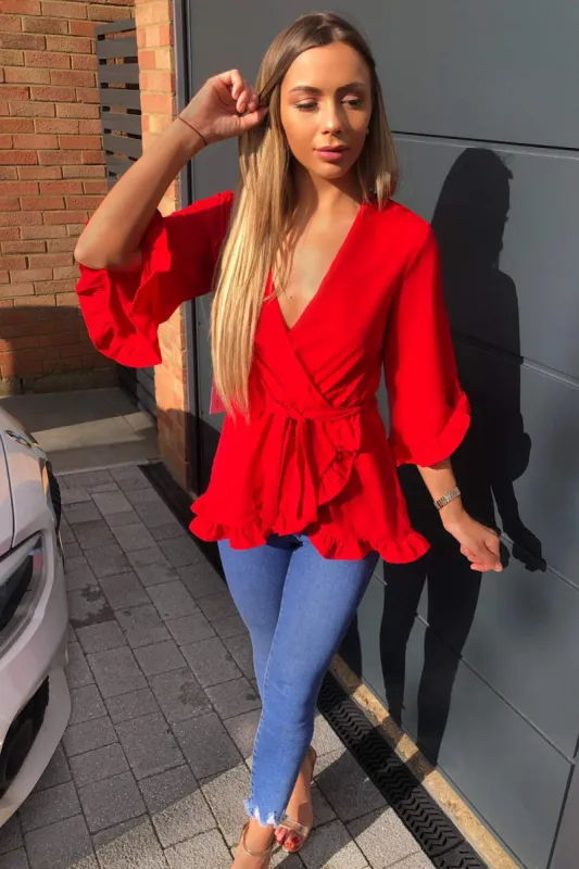 Red Wrap Frill Top sold by AX Paris