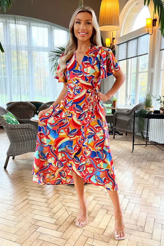 Multi Printed Butterfly Sleeve Wrap Midi Dress sold by AX Paris