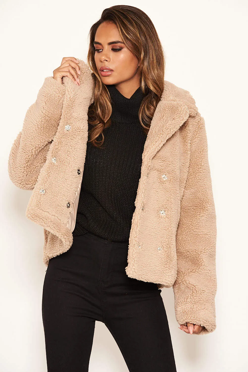 Oatmeal Teddy Faux Fur Short Coat sold by AX Paris
