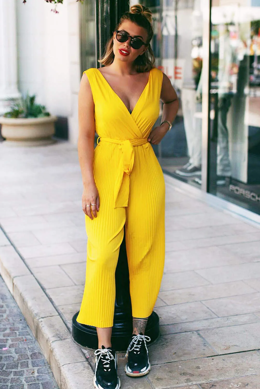 Yellow Culotte Pleated Tie-Waist Jumpsuit sold by AX Paris