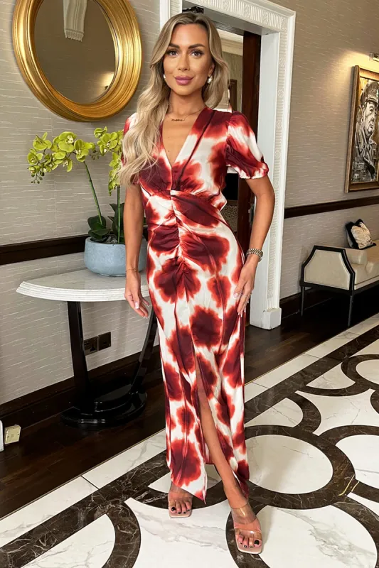 Rust Printed Puff Sleeve Front Split Midi Dress sold by AX Paris